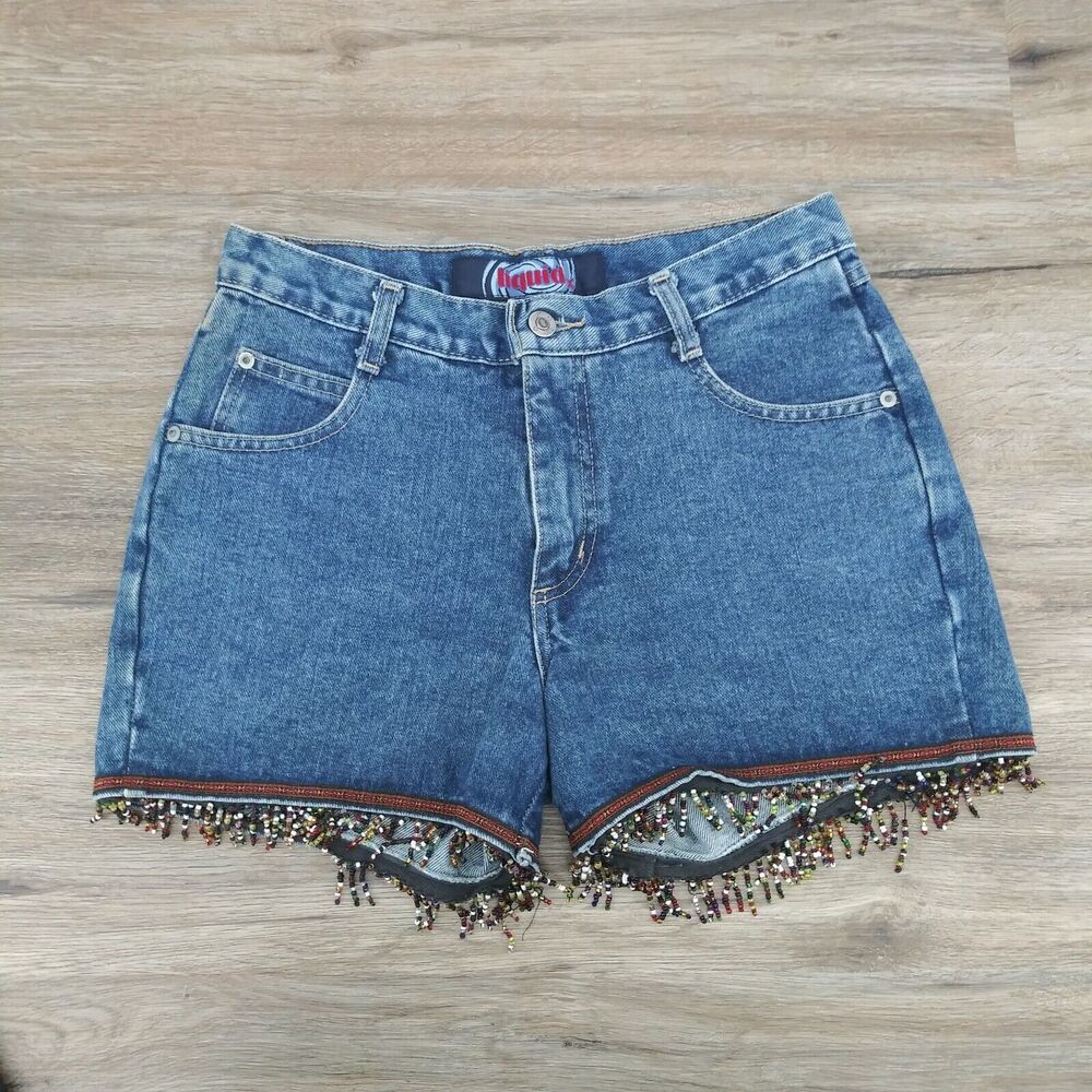 Liquid Shorts Womens Size 7 Blue Denim Beaded Fringe